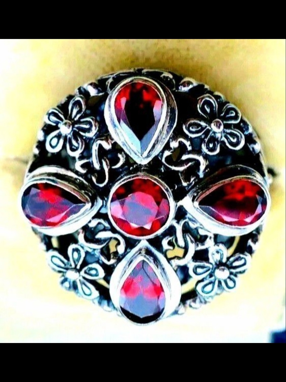 Red Garnet-Style Floral Silver Ring - Women's Jewelry
